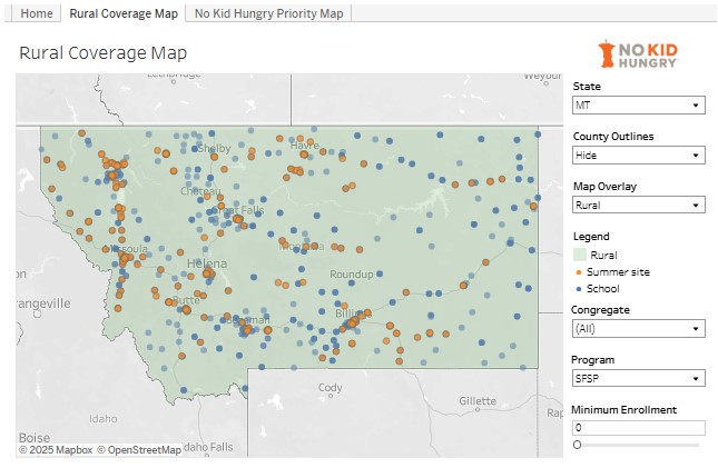 A screenshot from the rural coverage tool showing Montana in green with small orange and blue site dots.