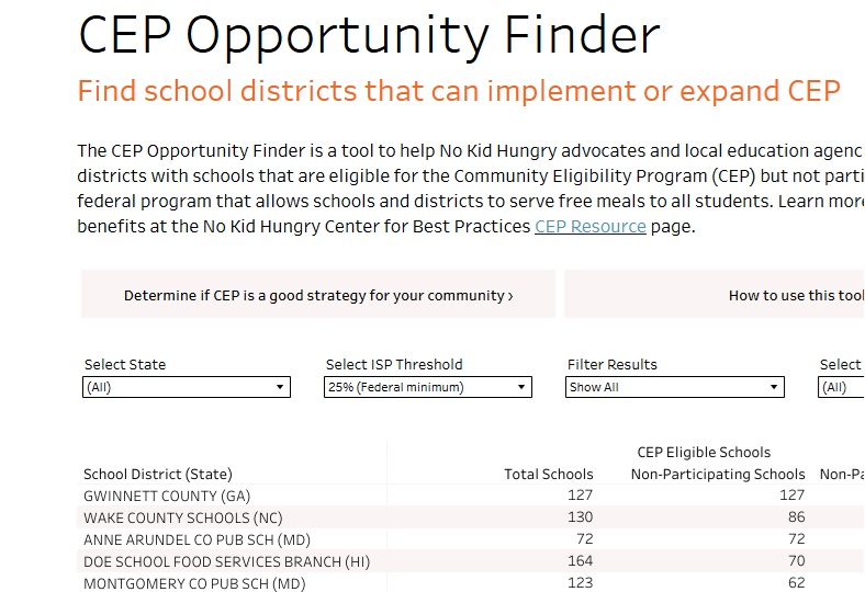 Image of CEP Opportunity Finder, with data from schools